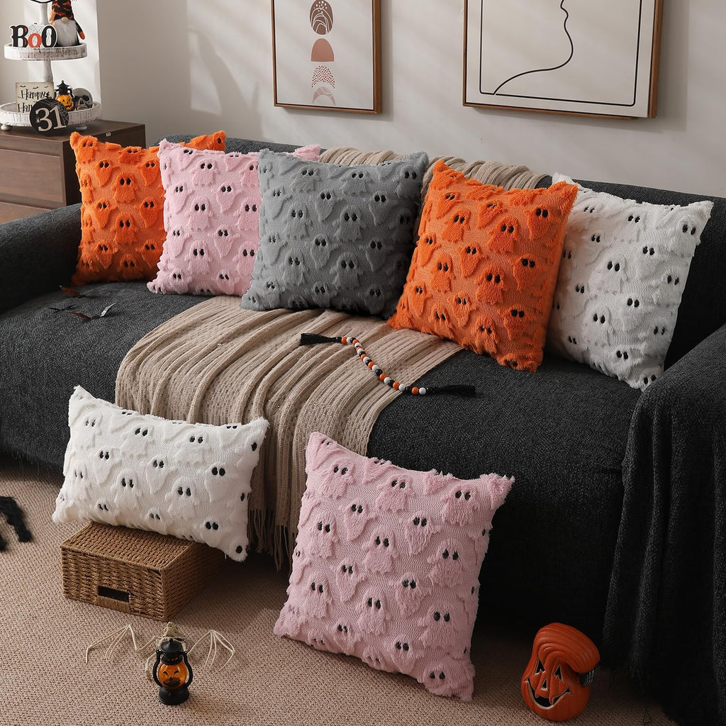 Halloween Pillow Covers 20x20 inch Set of 2 Silver Gray Ghost Throw Pillow Cases Soft Plush Faux Fur Wool Couch