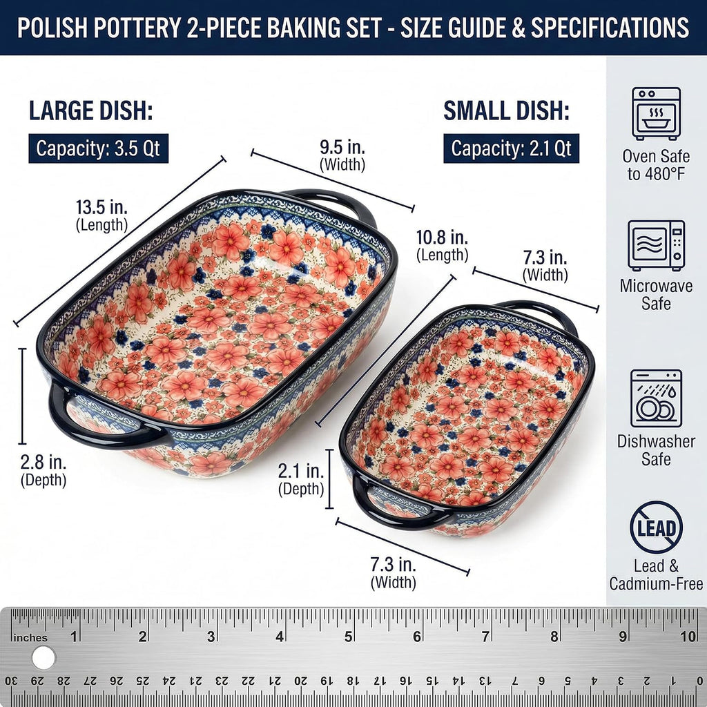 Ceramic Dish with Handles, Hand-painted Polish Pottery Dish Set of 2, Pan Lasagna Pan, Rectangular, Floral Pattern