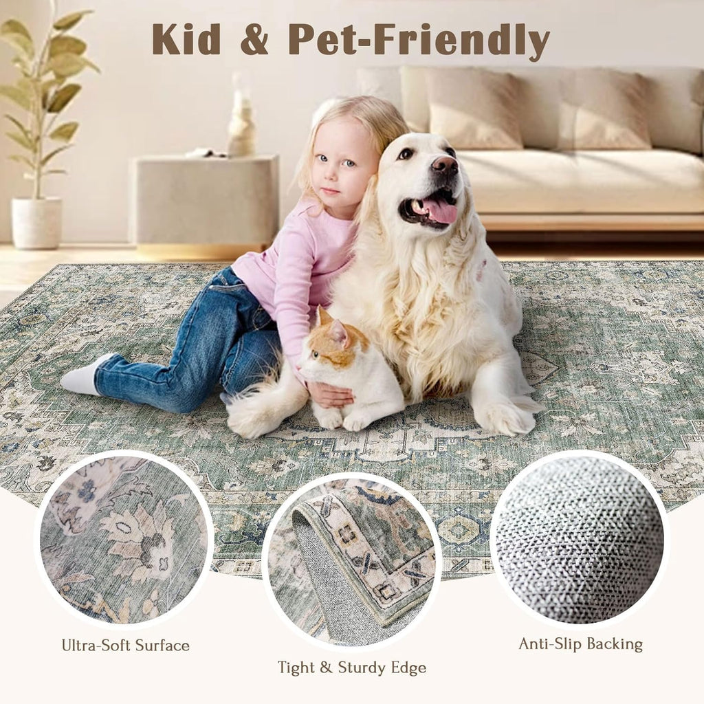 Area Rugs 9x12 Living Room - Large Washable Sage Green Boho Rugs