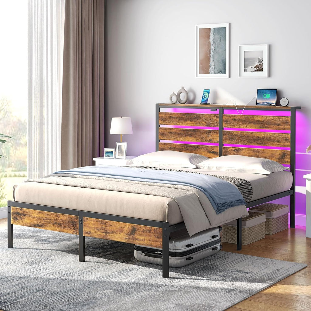 Bed Frame Full with USB Charging Station, LED Bed Frame with Wood Storage Headboard