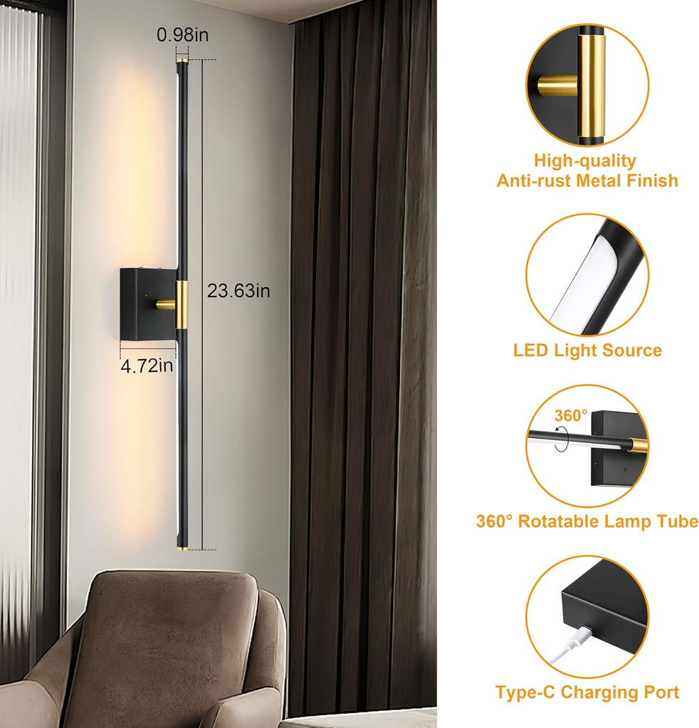 10000mAh Battery Operated Wall Sconces Set of 2, 3 Color Dimmable Rechargeable Wall Light with Remote, 24 Inch Black