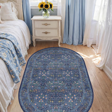 Vintage Dark Blue Oval Area Rug 3x5 Bedsdie, Entryway, Washable Rug, Laundry Room, Boho Non-Slip Low Pile Ultra Soft