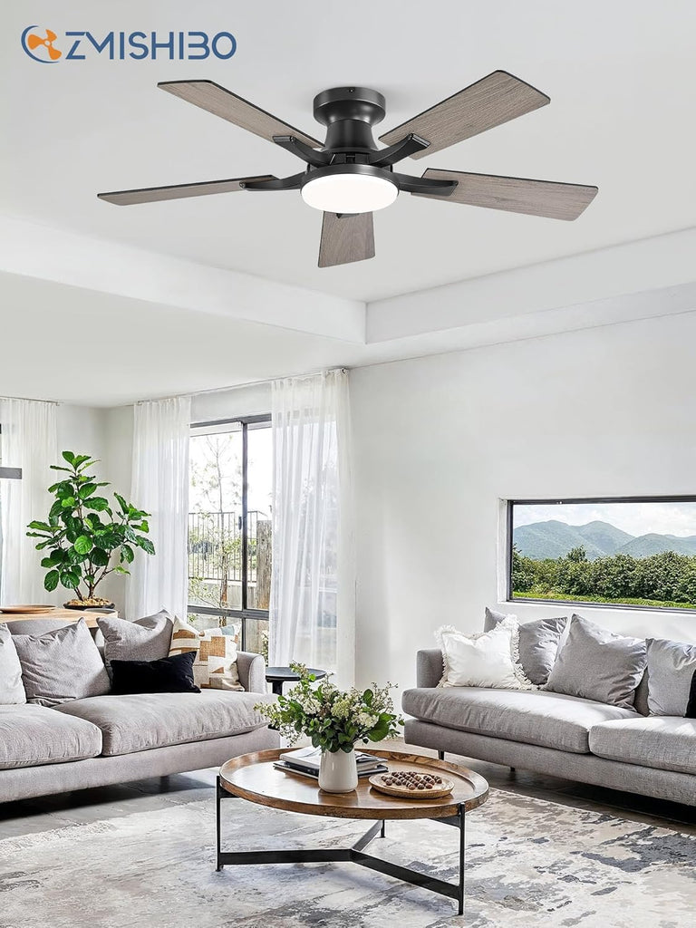 42 Inch Ceiling Fan with Light, App&Remote Control, Flush Mount Low Profile, Dimmable 20W LED Light, Quiet Reversible Motor for Bedroom, Living Room, Apartment, Black
