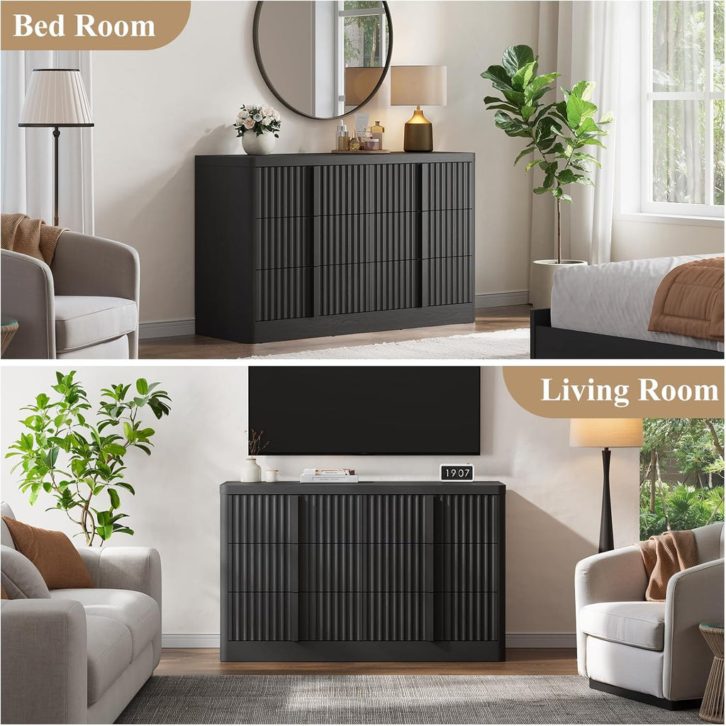 Fluted Dresser , 47" Wide 6 Drawer Dresser, Modern Chest of Drawers with Solid Wood Handle, Curved Profile Design