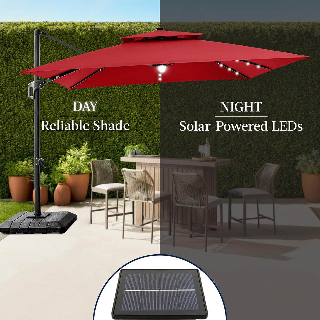 12x12ft LED Cantilever Patio Umbrella w/Base Included & 360° Rotation - Red