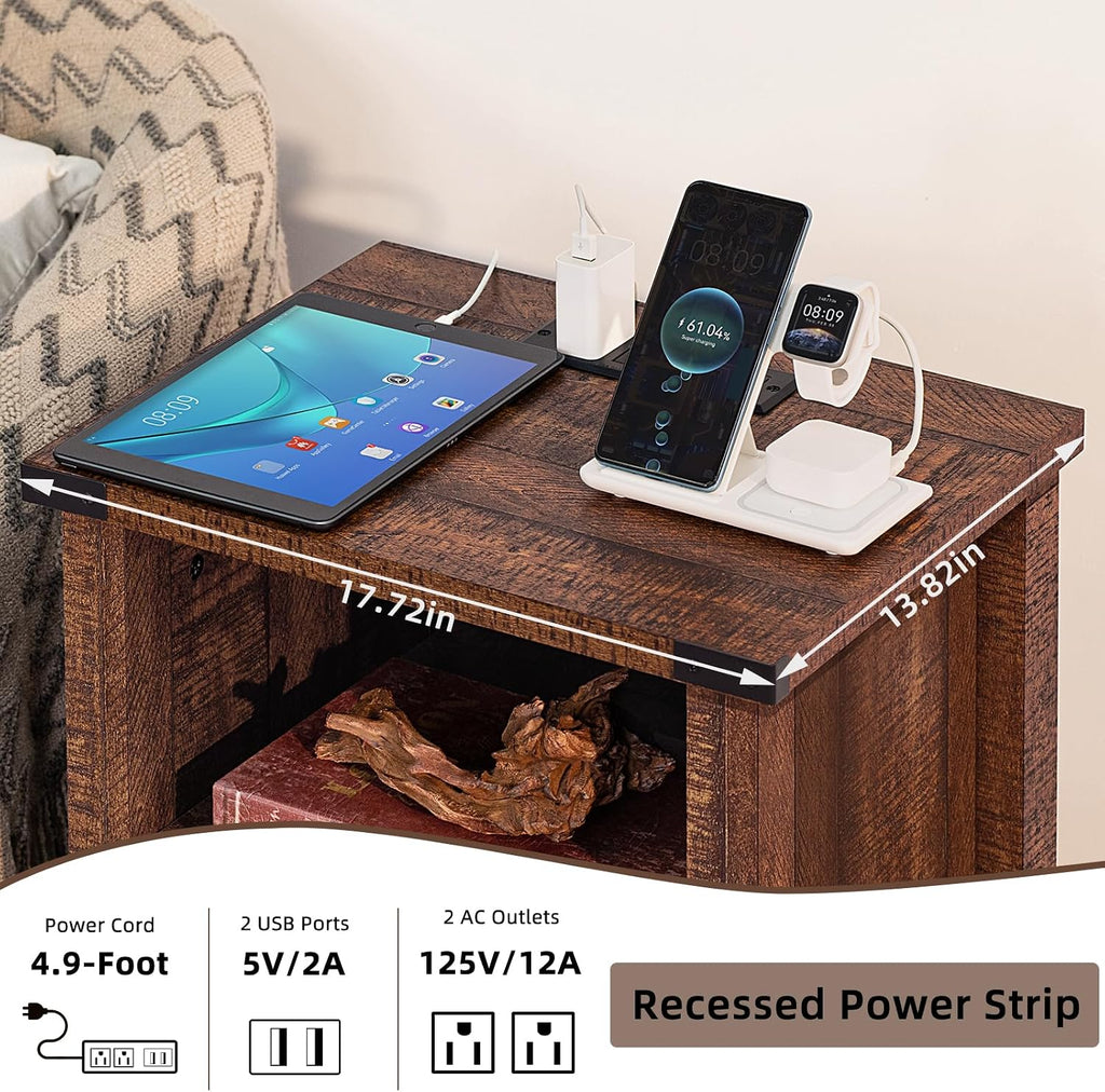 Night Stand with Charging Station and USB Port, 18 Inch Farmhouse Nightstand with Storage Shelf, Rustic Wood Bedside