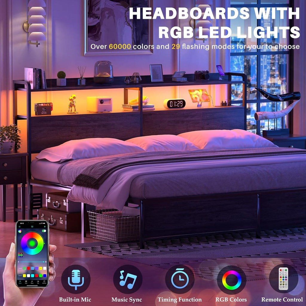 Headboard for King Bed Frame, Headboards with Outlets, USB Ports and LED Light, Head Board with Storage