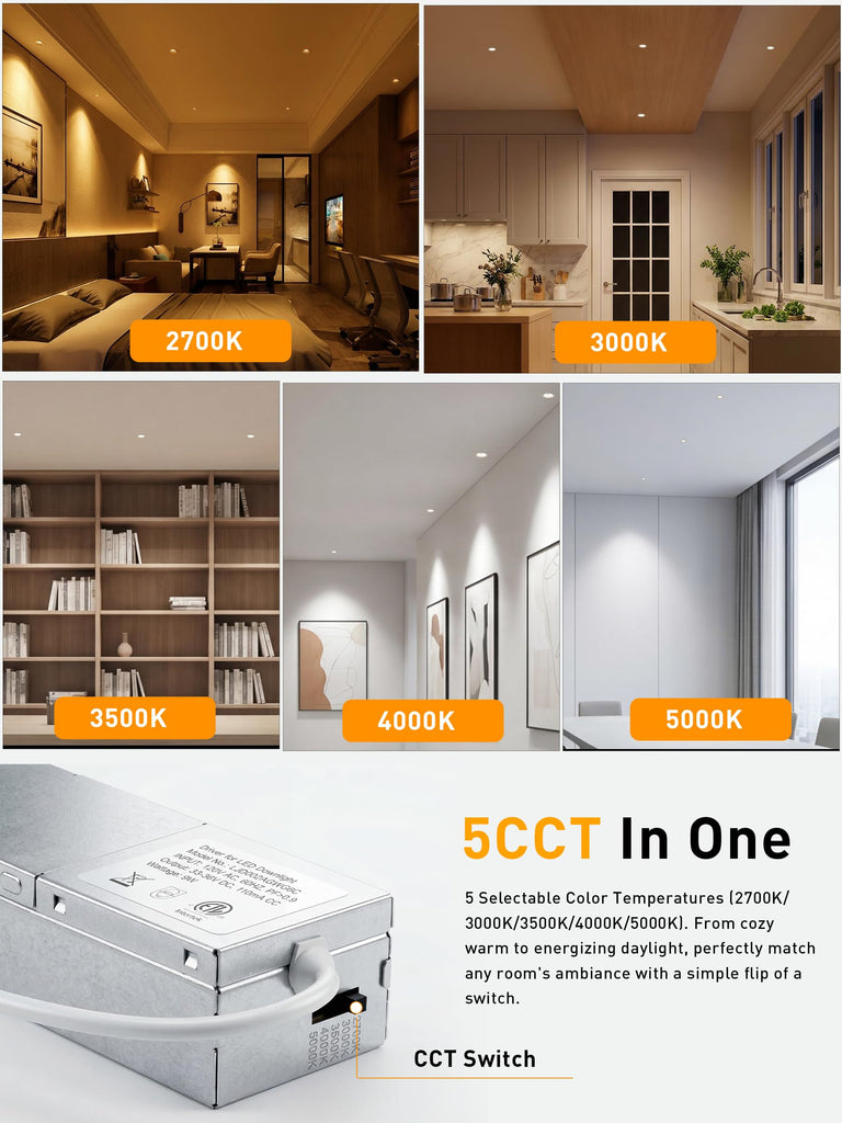 [6 Pack] 3 Inch Trimless Recessed LED Lights with Junction Box,2700-5000K Selectable,Narrow Frame Smooth Trim,9W