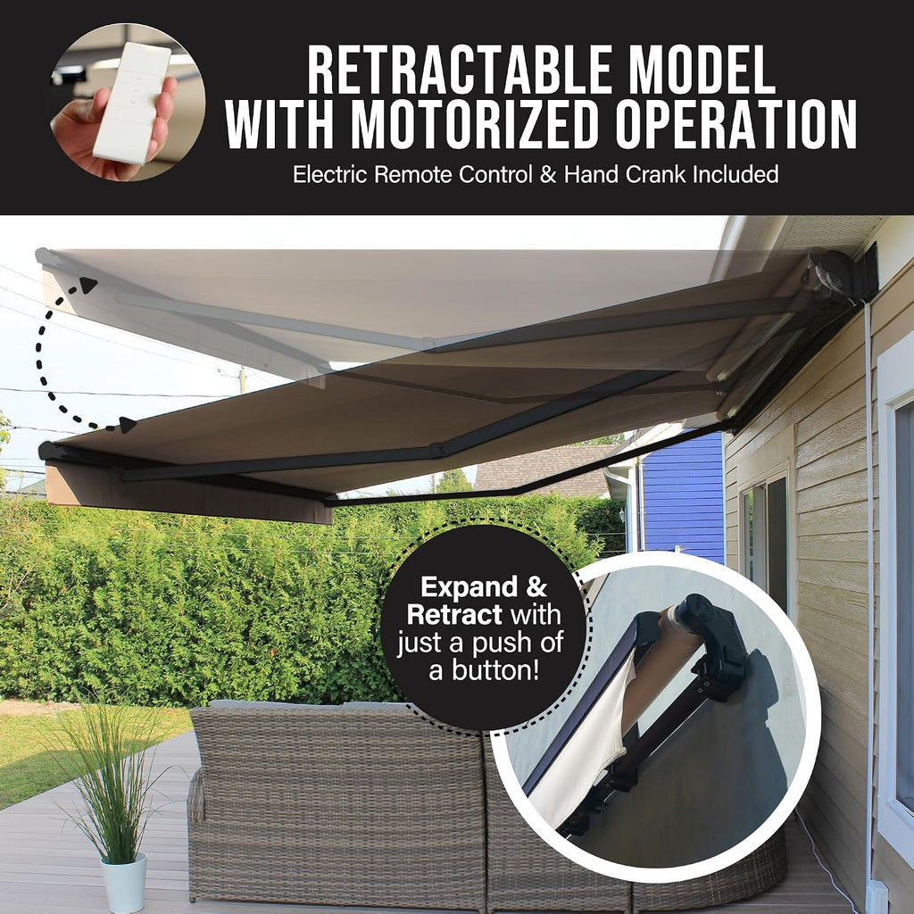 Motorized Awning Outdoor Retractable with Black Structure,15ft Electrical Cord, Remote Control & Wind Sensor, UV