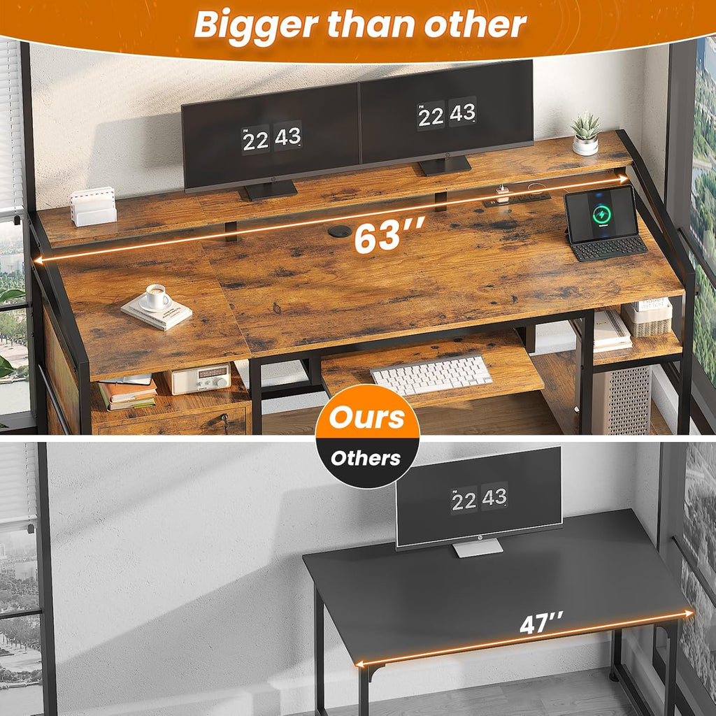 63" Computer Desk, Office Desk with Lock Drawers for Legal/Letter File, Gaming Desk with LED Light & Power Outlet
