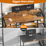 63" Computer Desk, Office Desk with Lock Drawers for Legal/Letter File, Gaming Desk with LED Light & Power Outlet