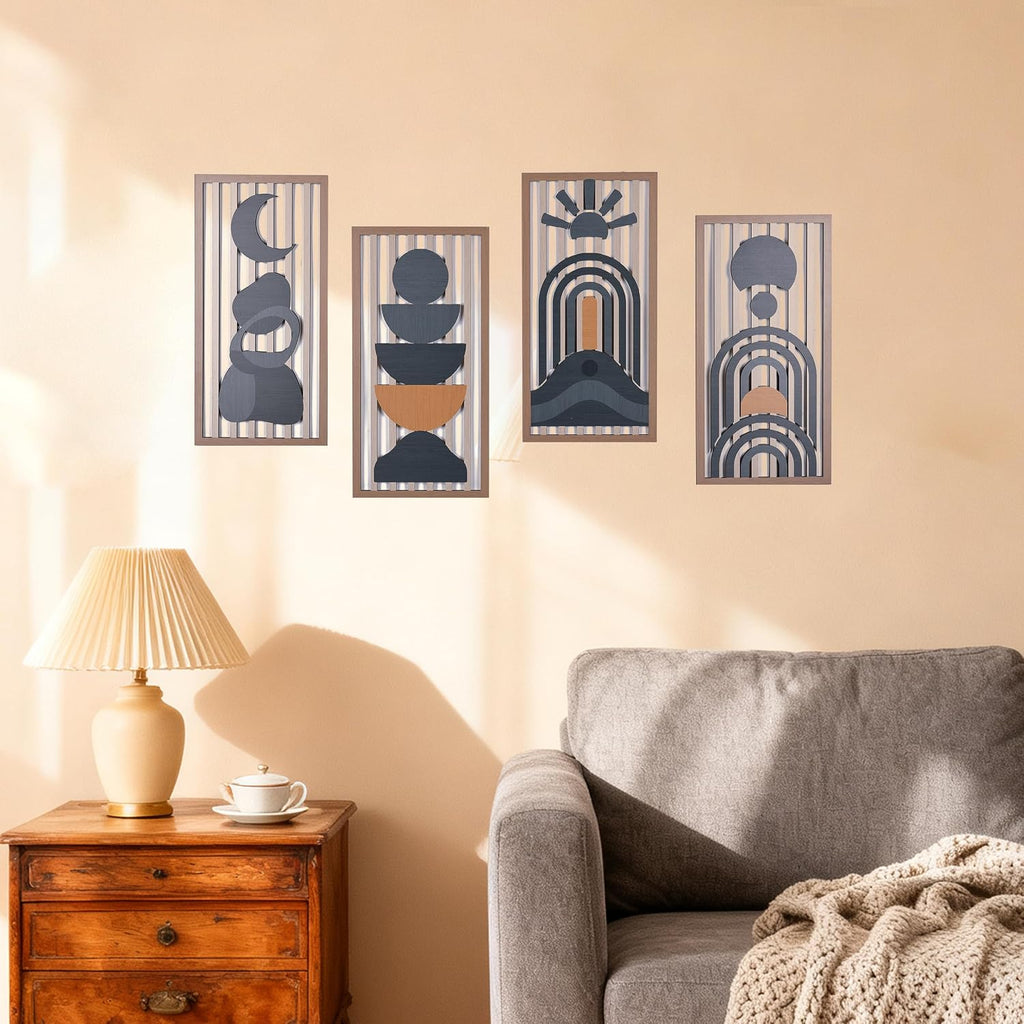 Blue Boho Wall Decor, Abstract Blue Wall Art & Wall Decor Blue, Mid-Century Modern Aesthetic Artwork - Set of 4