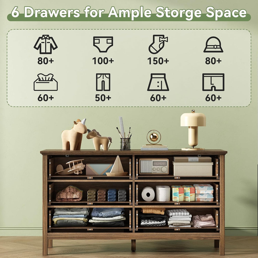 55'' Walnut Dresser with 6 Drawers , Wood Dresser Natural Modern Chest of Drawer with Handles Solid Wood Legs, Large