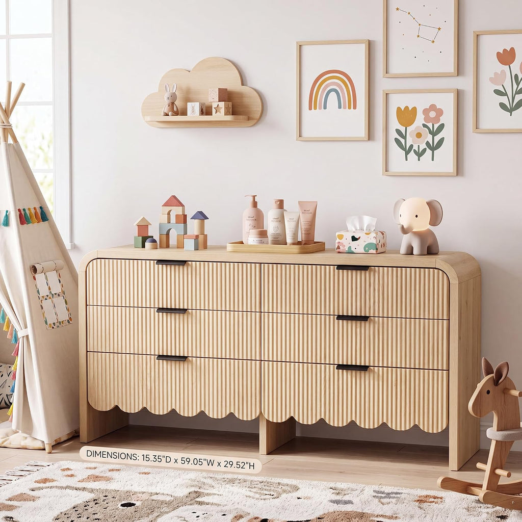 59" Scalloped Dresser ,Fluted 6 Drawer Wooden Dressers,Boho Long Dresser Kids Room, Living Room