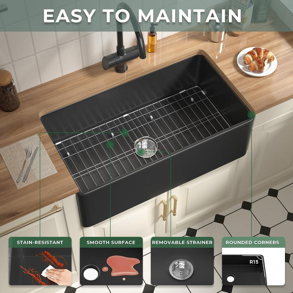 Matte Black Farmhouse Sink 33 Inch Fireclay Apron Front Kitchen Sink