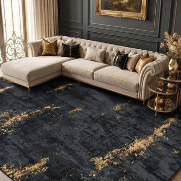 Washable Area Rug, Non-Slip, Black/Gold