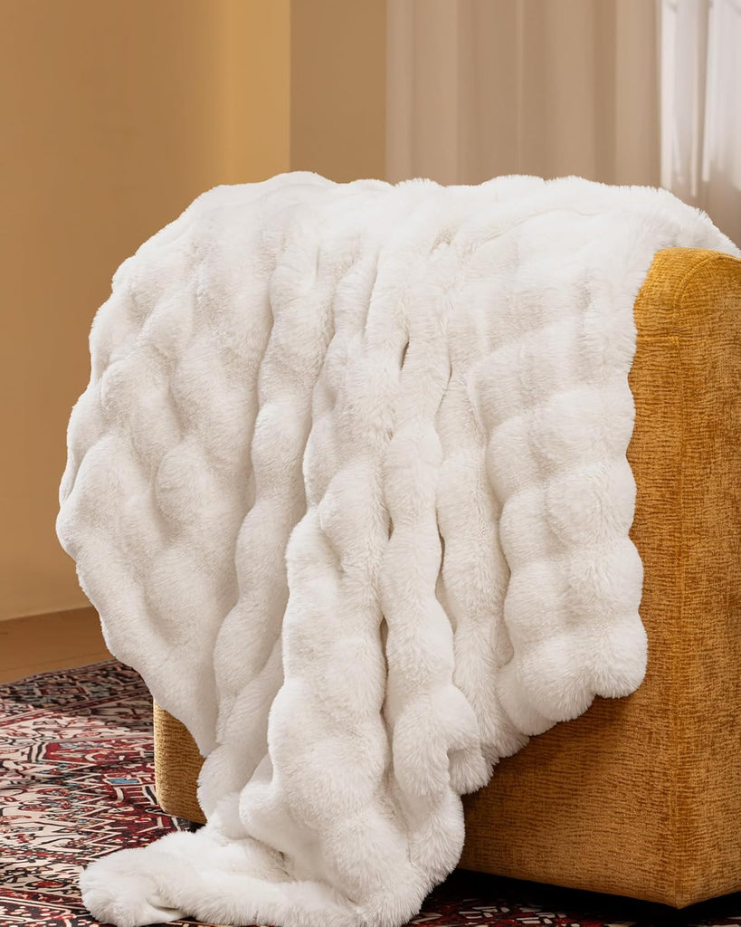 Ultra Soft Cozy Faux Fur Throw Blanket, Fuzzy Plush Thick Bubble Blanket, Luxury Fluffy Blanket, and Living Room