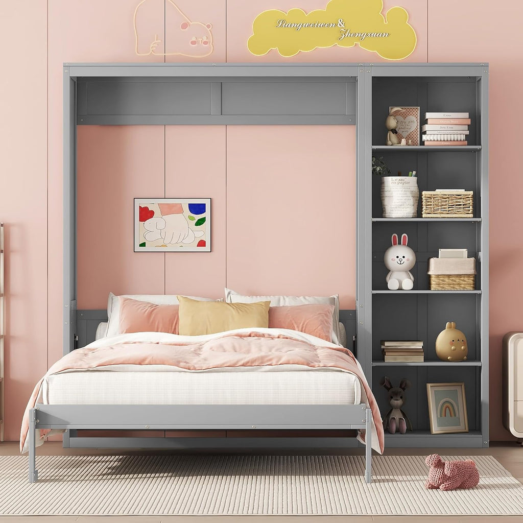 Full Murphy Bed with Storage Bookcase Shelves,Wood Folding Grey Murphy Wall Bed Cabinet