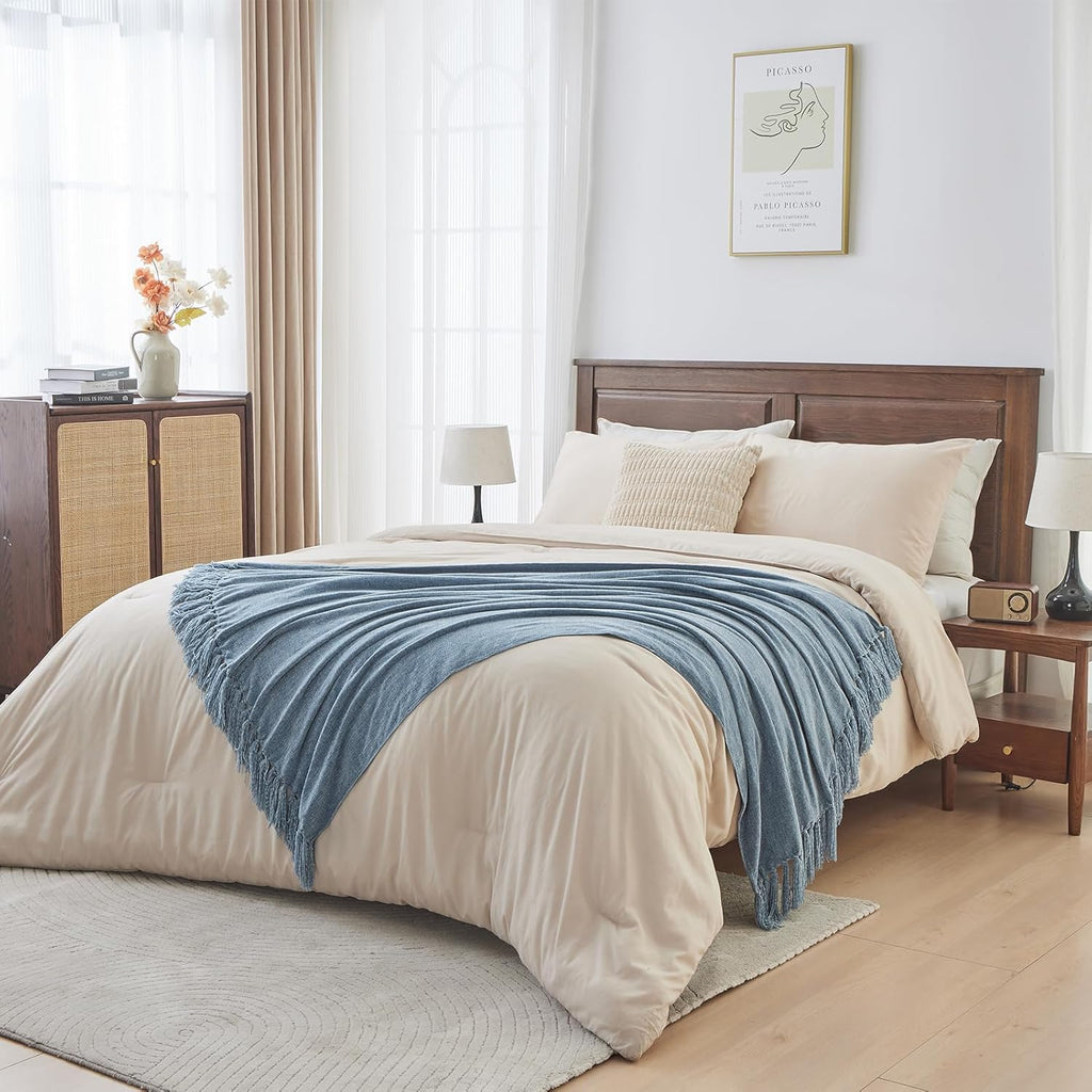 Chenille Throw Blanket, Cozy Plush Fuzzy Decorative Dusty Blue Blanket with Fringe Tassels, Lightweight Throws, 50"X60"