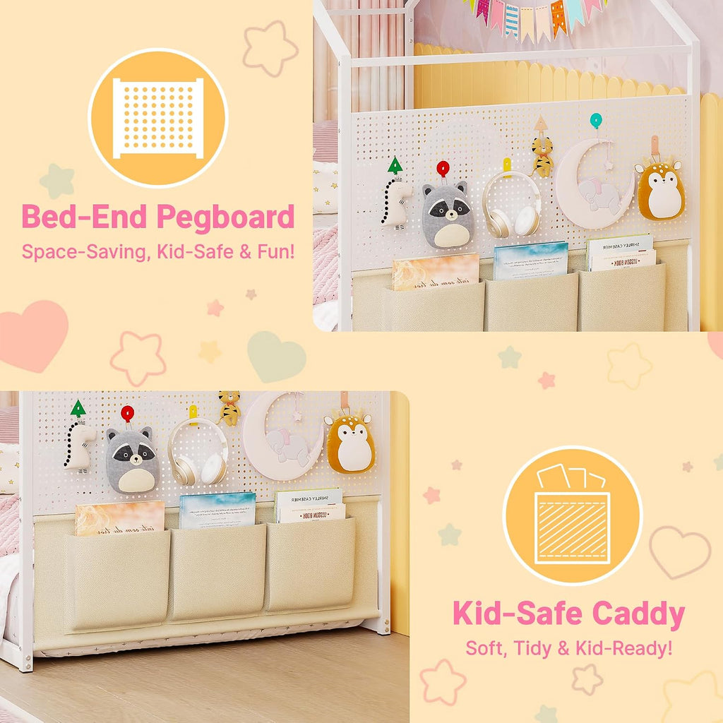 Twin Montessori House Bed for Kids with Storage Caddy and Pegboard, White | Metal Floor bed; storage caddy &