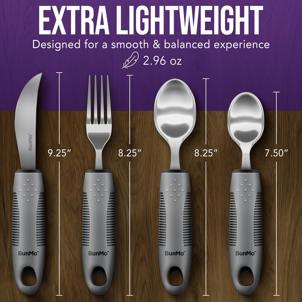 Adaptive Utensils for Elderly, Tremors & Weak Hand Grips - 4pc Lightweight Assistive Silverware Set with Foam Easy