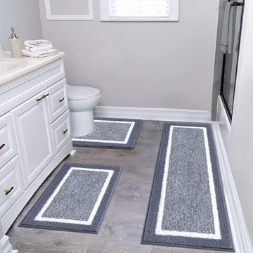 Bathroom Rugs 3 Piece Set, Non Slip Washable Bath Mat, Dark Grey | Soft Plush Microfiber, Super Absorbent Floor