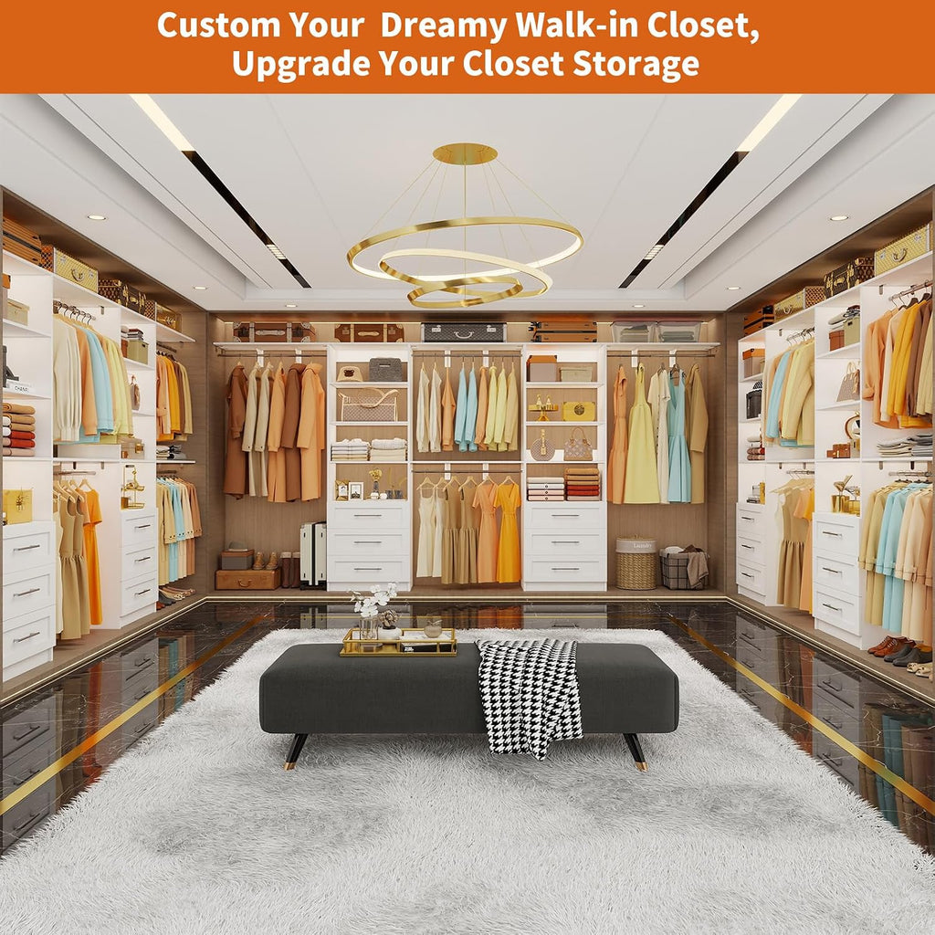 Closet System with 6 Drawers, 6-12.3FT Closet Organizer System Wood with 8 Shelves & 6 Expandable Hanging Rods