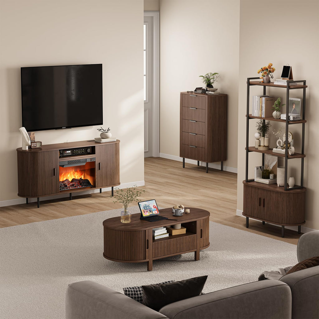 63" Fluted Fireplace TV Stand with 23" Electric Fireplace, Walnut