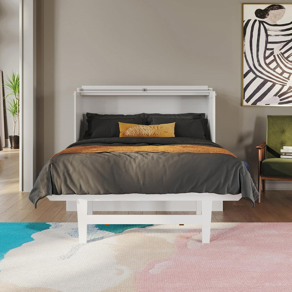 Full Murphy Bed Desk with Memory Foam 6" Mattress and Built-in USB Charger, White