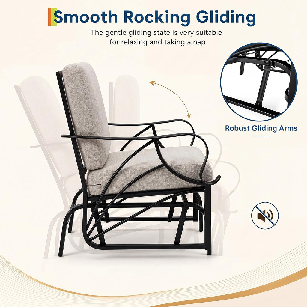 Patio Glider, Outdoor Glider Chair with Removable Cushion, Heavy Duty Metal Frame, Curved Armrest, Porch Rocking