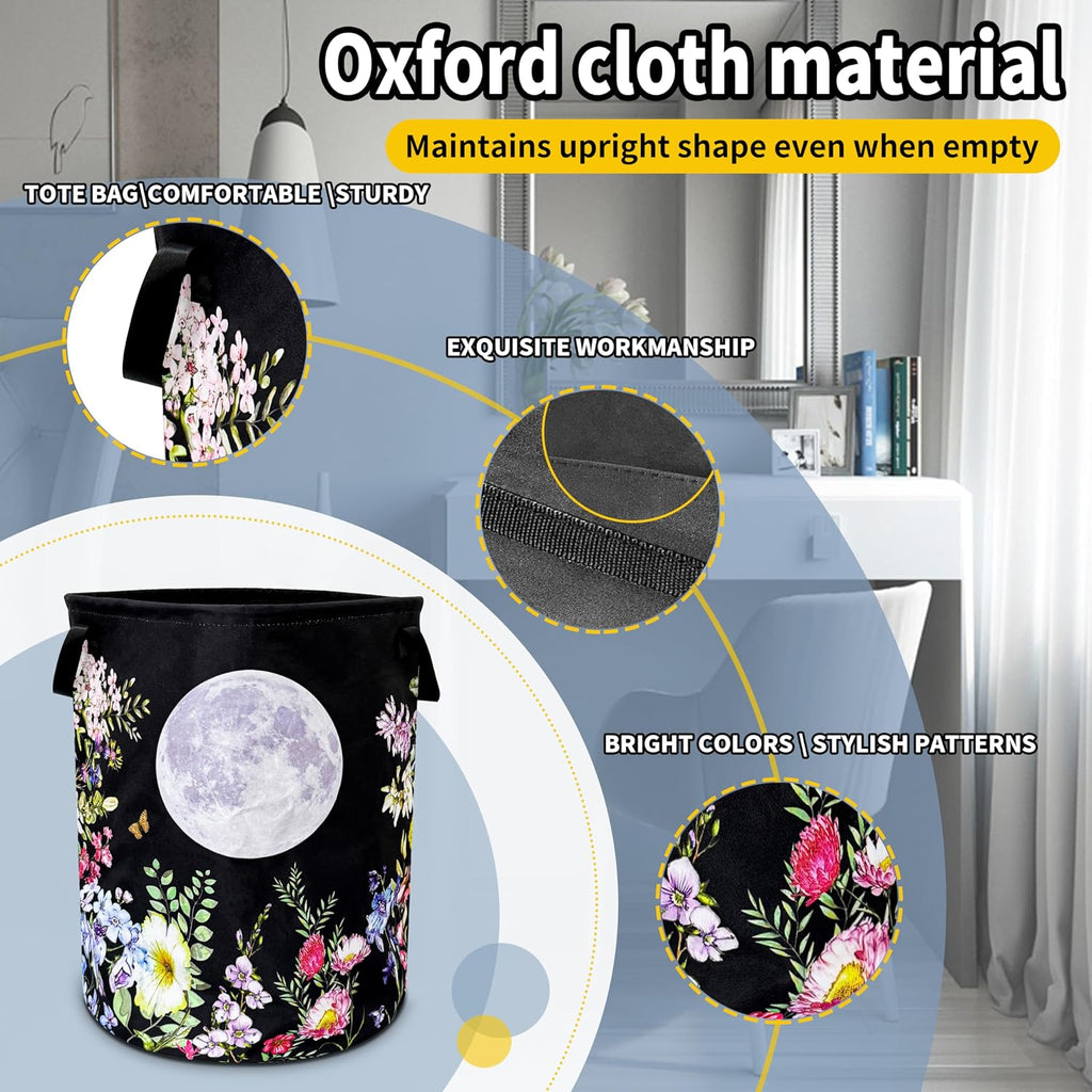 Full Moon Flowers Laundry Basket Foldable Waterproof Hamper 18.9x16.5 Inch | Oxford Cloth With Reinforced Handles