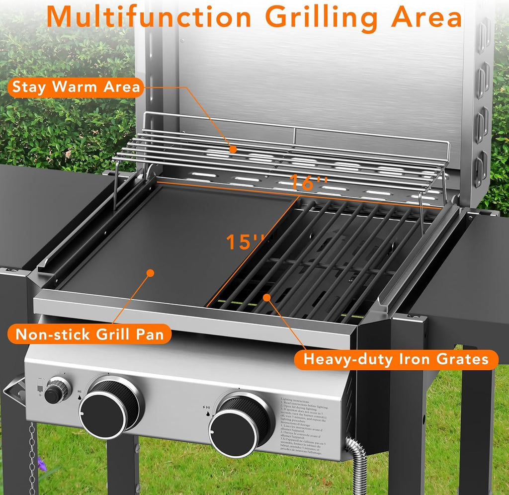 2-Burner Propane Gas Grill with Cast Iron Frying Pan and Grates Combo, 16,000 BTU Stainless Steel BBQ Grill for Patio, Backyard, and Outdoor Parties