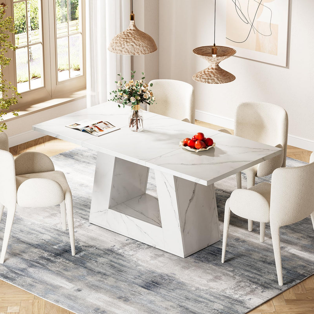 Dining Table for 4 to 6 People, 63" Rectangular Dining Room Table, Modern Wooden Faux Marble Dinner Table with Sturdy