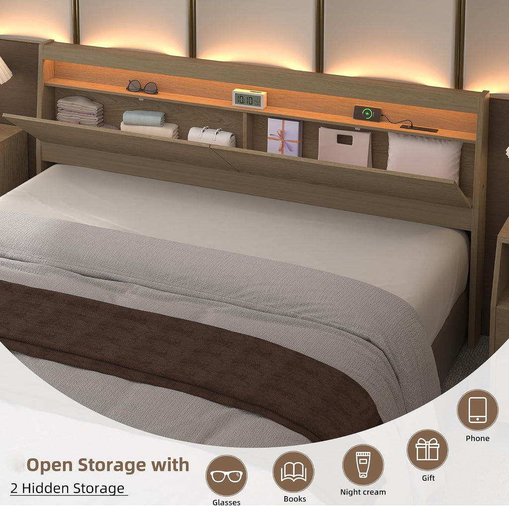 King Wooden Headboard with Storage Outlet USB LED Bed Backboard | Solid Wood Leg,Wall mounted panel,Sleeping