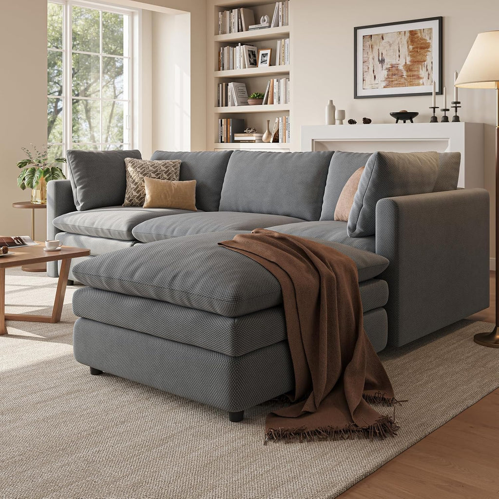 97" Cloud Couches , 29.1" Deep Seat Modular Sectional Sofa, L Shaped Cloud Sofa with One Movable Ottoman