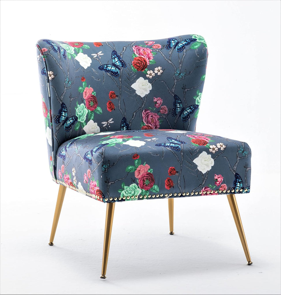 Thia Armless Accent Chair , Elegant Seat with Nailhead Trim, Gold Metal Legs and Comfortable Curved Back, 28" D x 25"