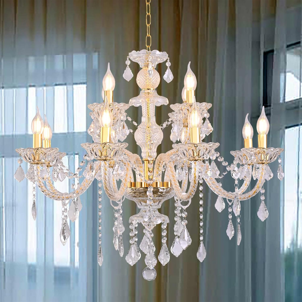 Contemporary Crystal Chandelier 12 Lights Clear Crystal Ceiling Lights for Living Room_E12 Base Double Layered Pendant Light Fixture for Dining Room Staircase, Hallway A110-B0D5WDCY88