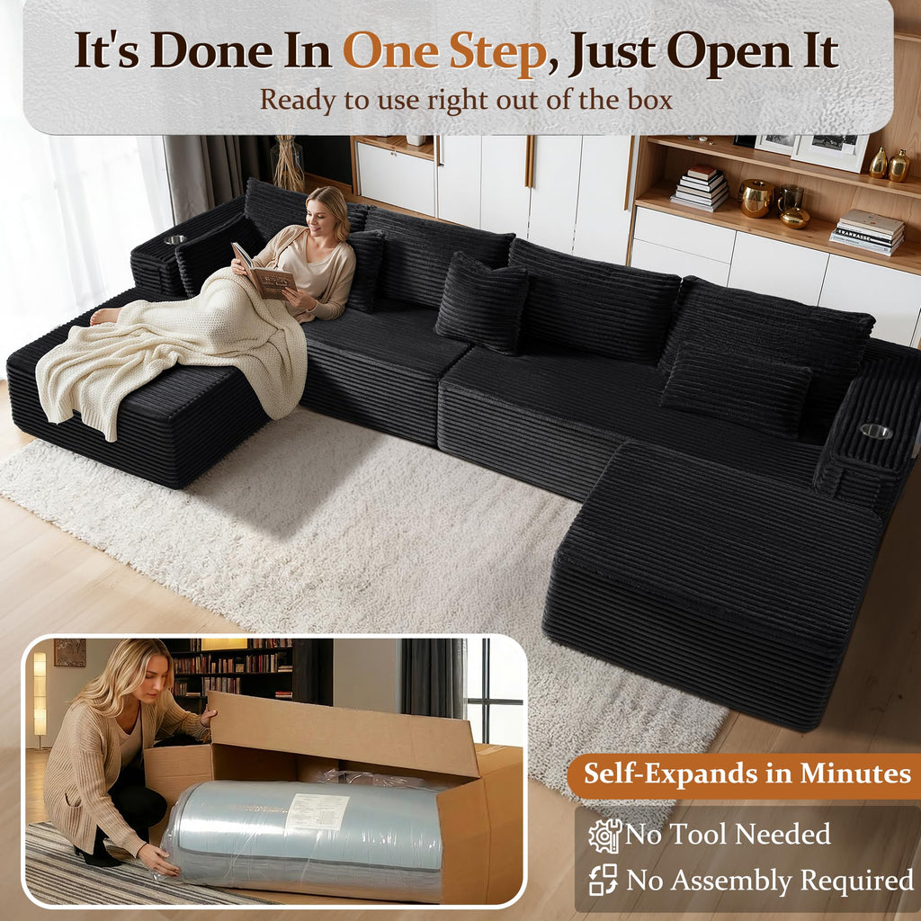 138" Oversized Cloud Sectional Couch, Comfort U Shaped Boneless Sofa, Extra Deep Seats No Assembly, Modular Sofa