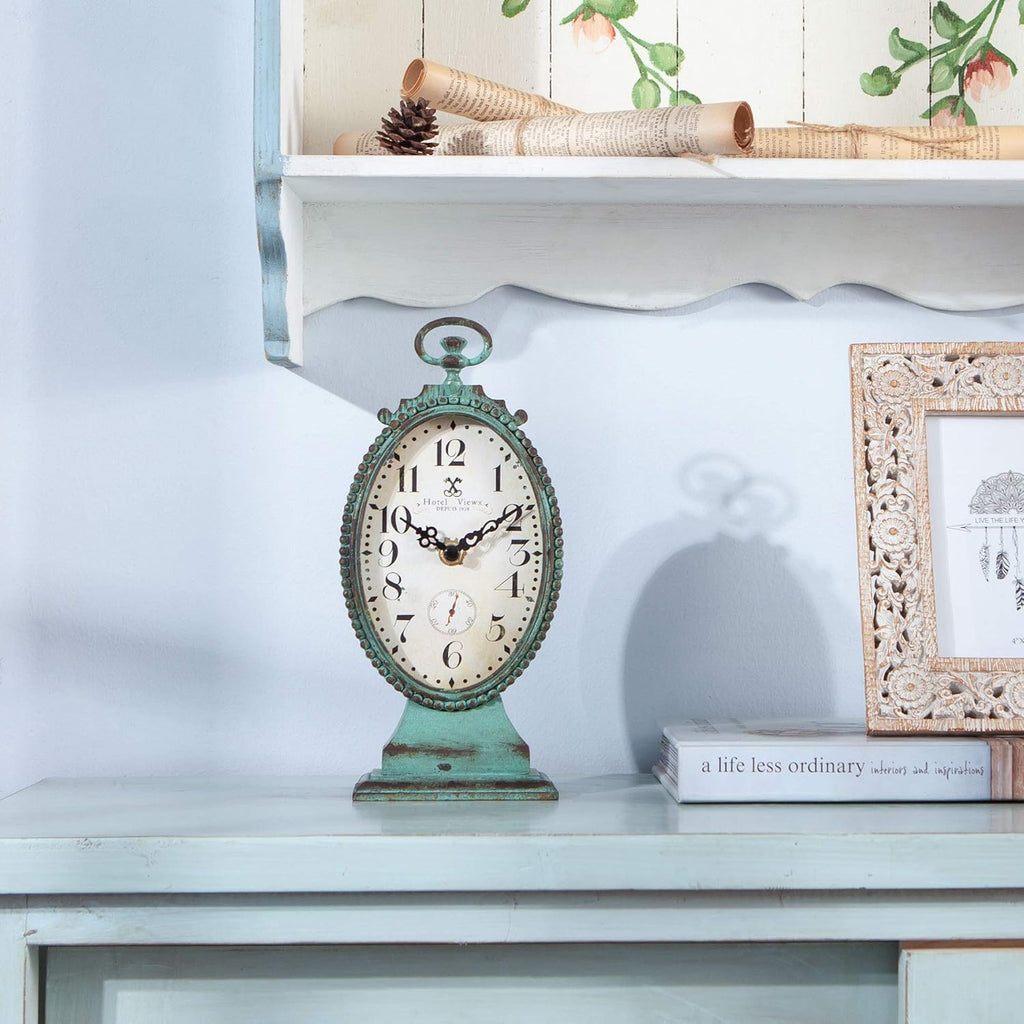 Vintage Table Clock - Battery Operated Rustic Distressed Style - Shabby Chic Home Decor for Fireplace Mantel, Shelf, Desktop, Countertop...