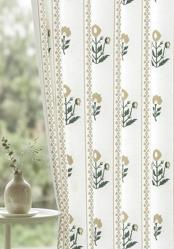 Brown Printed Pinch Pleat Curtains, Light Filtering Linen Blend Farmhouse Pleated Drapes, Semi Sheer - Set of 2