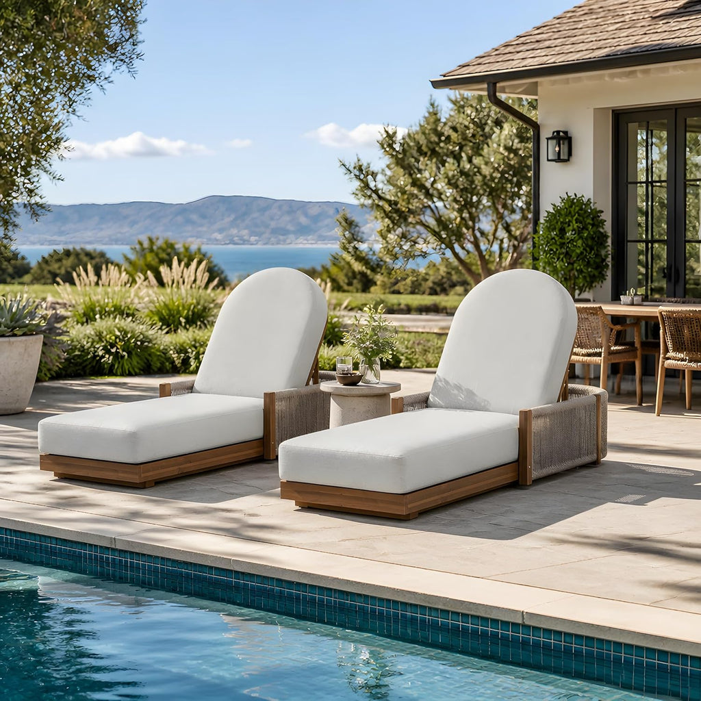 Set of 2 Acacia Wood Chaise Lounge Chair Outdoor with Handwoven Rope, Adjustable Backrest Sun Lounger Recliner