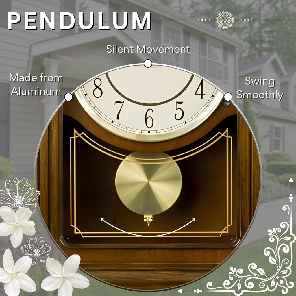 Wooden Mantel Clock TCW004DB Pendulum Carved Case Hourly Chime Classic Melody Antique Style for Fireplace