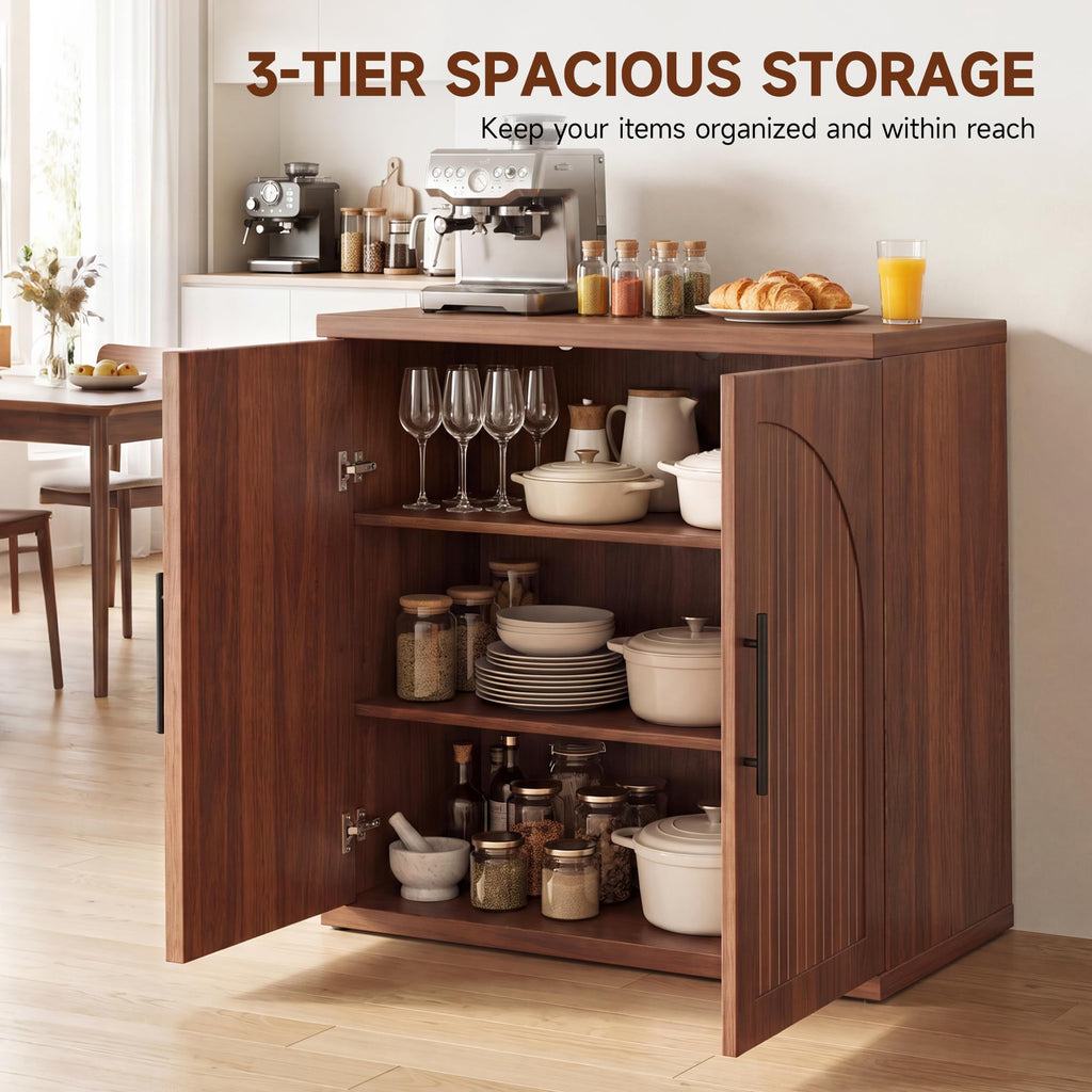 31.5" Fluted Walnut Buffet Cabinet Sideboard with Storage, Small Sideboard Cabinet with 2 Doors, Wood Mid Century
