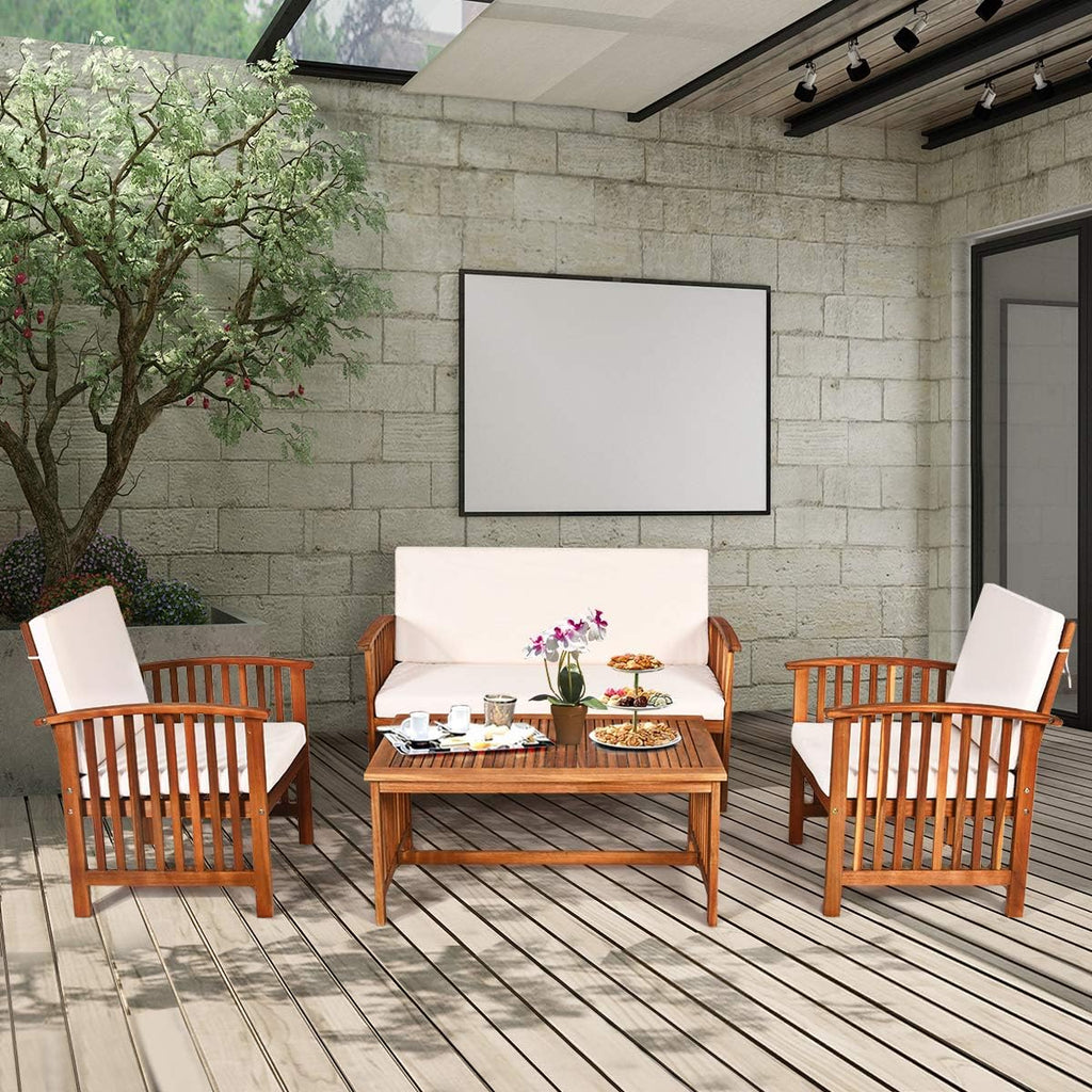 Outdoor 4 Pcs Acacia Wood Sofa Set w/Water Resistant Cushions, Padded Patio Seating Chat Set w/Coffee Table for