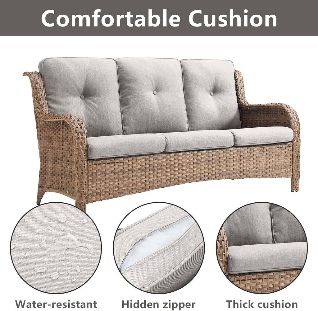 Outdoor Patio Wicker Sofa 900Lbs Weight Capacity, Large 3 Seater Wicker Patio Couch with 4in Seat Cushions and Deep