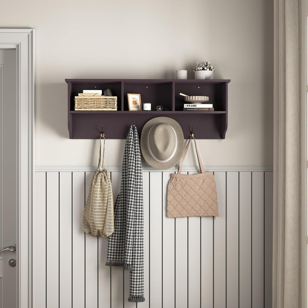 38" Coat Rack Wall Mount with Shelf, Wall Mounted Coat Rack with 3 Storage Cubbies and 4 Dual Hooks,Wooden Mudroom