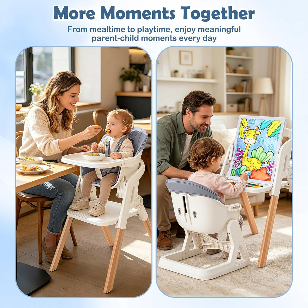 Foldable Baby High Chair, 4-in-1 Convertible Wooden Baby Highchairs (Beige)