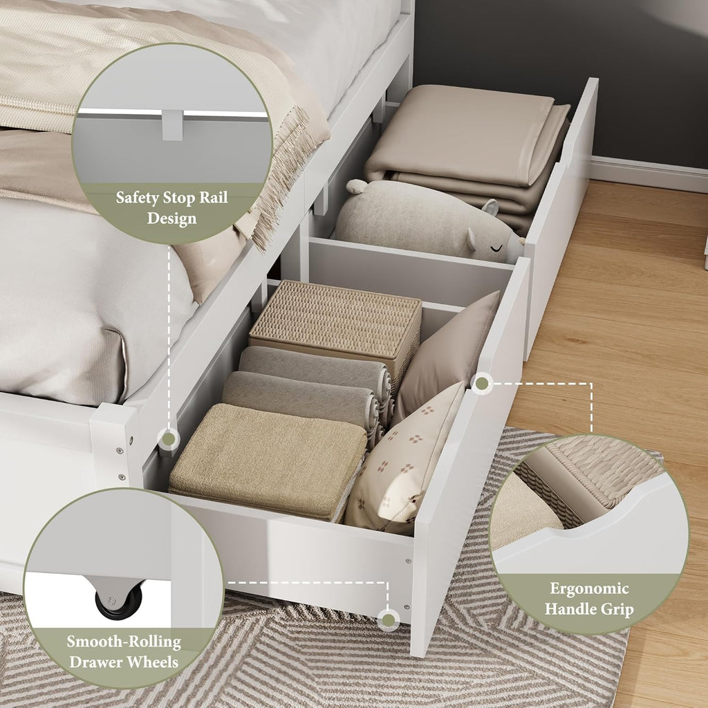 Solid Wood Full Storage Bed Frame with Headboard, Platform Bedframe with 2 Storage Drawers, Beadboard Design & Wooden