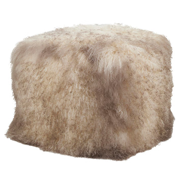 Mongolian Lamb Wool Pouf Ottoman - Oyster, 18" x 18" x 16" with Firm Insert, Luxury Textured Accent Footrest or Extra