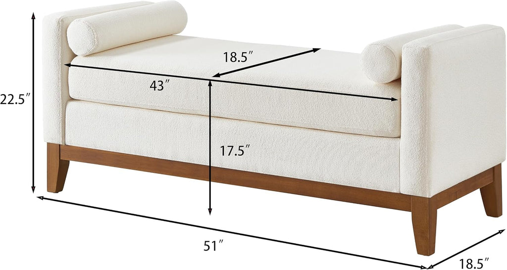 Large 51" L Boucle Bench Ottoman with 2 Bolster Pillows & Solid Wood Frame, Upholstered End of Bed Daybed Seating